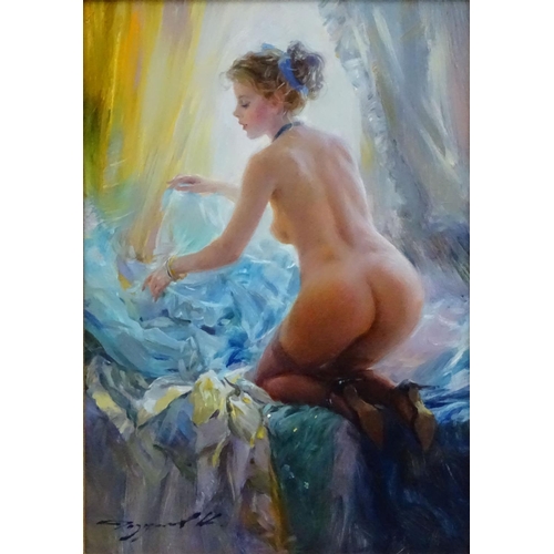 119 - Konstantin Razumov, (b1974), Oil on canvas, 'In The Boudoir', Signed lower left, 10 3/4'' x 7 1/2''.