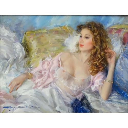 122 - Konstantin Razumov, (b1974), Oil on canvas, 'Young Lady with long hair', Signed lower left, 10 3/4''... 