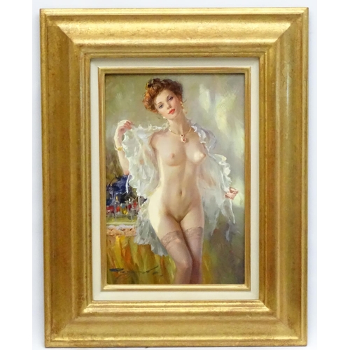 123 - Konstantin Razumov, (b1974), Oil on canvas, 'Elegant with stockings', Signed lower left, 13'' x 9''.