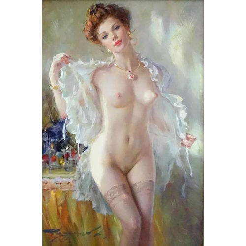 123 - Konstantin Razumov, (b1974), Oil on canvas, 'Elegant with stockings', Signed lower left, 13'' x 9''.