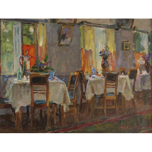 143 - Viktor Feodorovich Letyanin  (1921-2009), Russian School. Oil on canvas, ''Interior'', Restaurant In... 