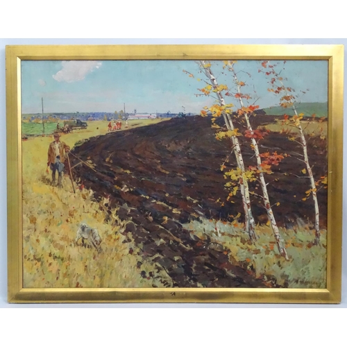 144 - Indstinctly Signed   United Soviet States of Russia, Oil on canvas, Man and a dog measuring autumn p... 