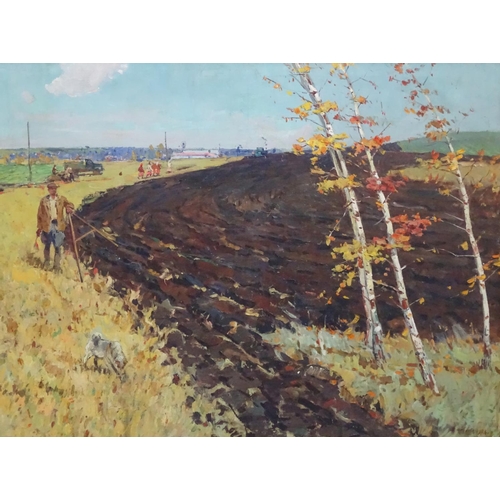 144 - Indstinctly Signed   United Soviet States of Russia, Oil on canvas, Man and a dog measuring autumn p... 