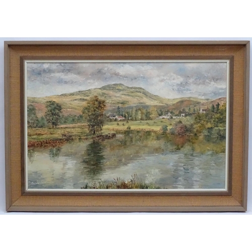 151 - Andrew Welch 1947 Scottish School, Oil on board, ' Callander 'Extensive Scottish river landscape wit... 