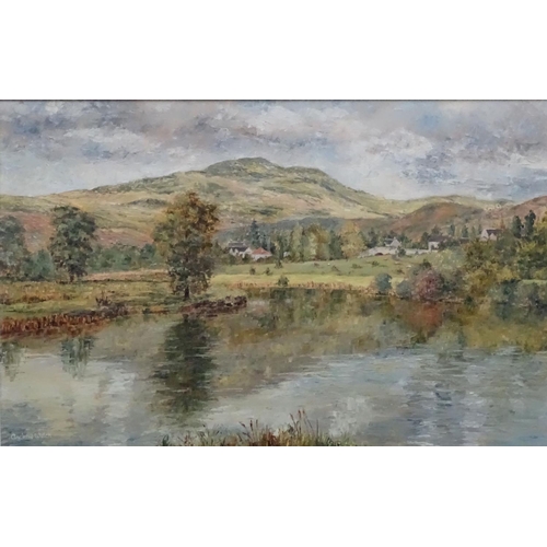 151 - Andrew Welch 1947 Scottish School, Oil on board, ' Callander 'Extensive Scottish river landscape wit... 