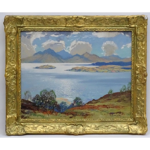 155 - Robert Houston (1891-1940 )Scottish, Oil on canvas, 'View over the Cumbraes to Arran, Scotland',  Si... 