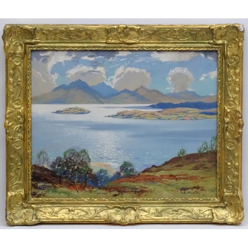 155 - Robert Houston (1891-1940 )Scottish, Oil on canvas, 'View over the Cumbraes to Arran, Scotland',  Si... 