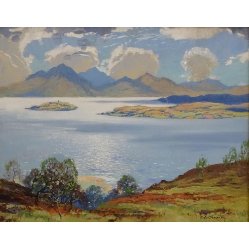 155 - Robert Houston (1891-1940 )Scottish, Oil on canvas, 'View over the Cumbraes to Arran, Scotland',  Si... 