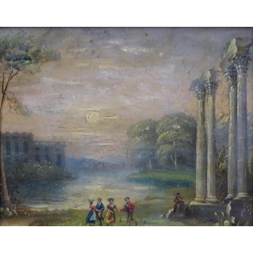 159 - XIX English Romantic School, Oil on board, Figures dancing by moonlight before a country house and r... 