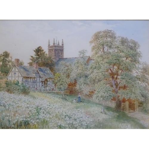 161 - Henry Bowser Wimbush (1861-1943), Watercolour, ' Weston Church ' a Tudor cottage beside a church wit... 