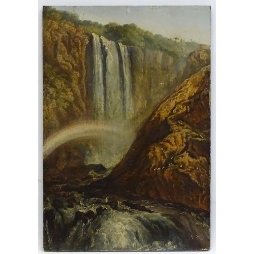 163 - Follower of John Ruskin XIX, Oil on field oak Panel, The Rainbow at the waterfall, a gorge and river... 