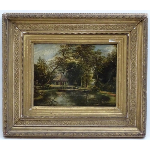 165 - Indistinctly Signed XIX English school, Oil on panel, Wooded garden scene with a Haha bridge, lake a... 