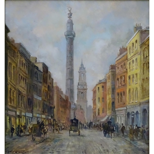 166 - M.J. Rendell XX, Oil on board, The City of london with monument, Signed lower left, 12 1/2 x 11 1/2'... 