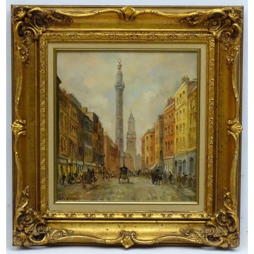 166 - M.J. Rendell XX, Oil on board, The City of london with monument, Signed lower left, 12 1/2 x 11 1/2'... 