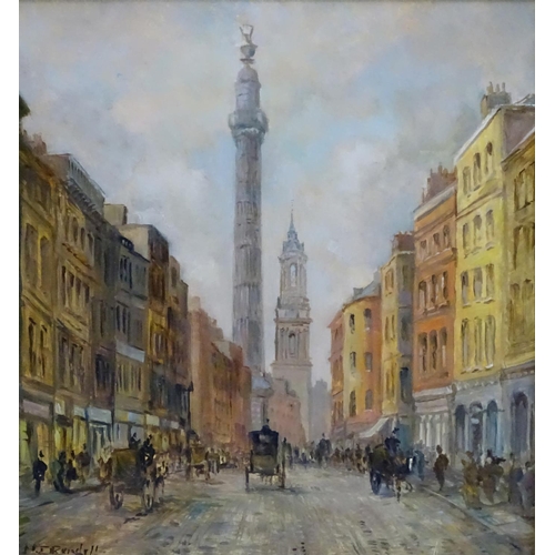 166 - M.J. Rendell XX, Oil on board, The City of london with monument, Signed lower left, 12 1/2 x 11 1/2'... 