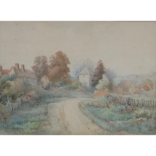 171 - J Allan Shuffrey (1859-1939), Watercolour, A Cotswold village, Signed lower left.  10 1/8 x 14