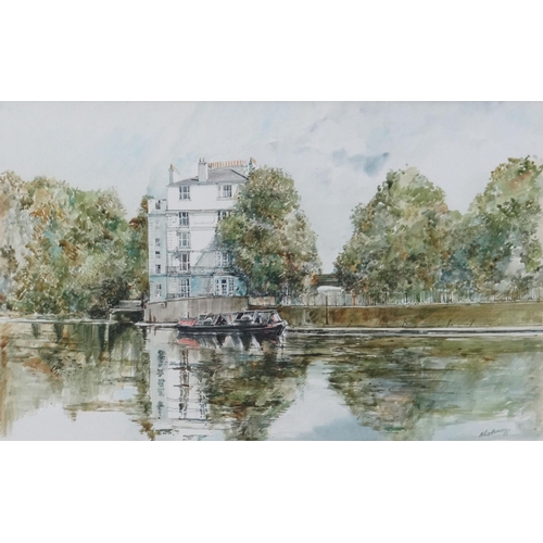 175 - Alex Prowse 1985, Watercolour, Regent's Canal Little Venice with barge, Signed and dated lower right... 