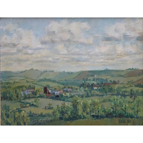 177 - DGS' 58 Modern British, Possibly Dennis Sheffield as written verso. Oil on Board, Landscape with rol... 