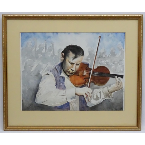 187 - R Knights 1993, Watercolour, Nigel Kennedy , the Voilin virtuoso  and an orchestra, Signed and dated... 