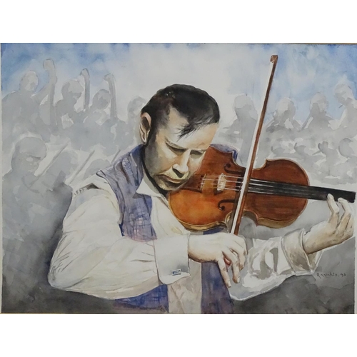 187 - R Knights 1993, Watercolour, Nigel Kennedy , the Voilin virtuoso  and an orchestra, Signed and dated... 