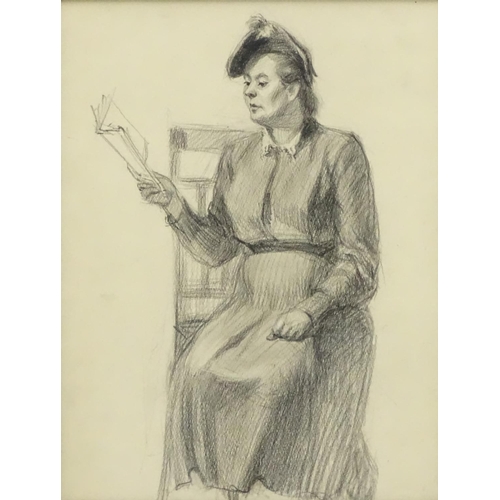 19 - Indistinctly signed early XX Russian /Soviet School, Pencil on paper, Seated School teacher reading ... 