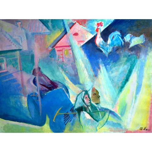 204 - Alexei Ivanovitch Komarov  (1919-1987), Russian School.  Oil on canvas, '' Cockerel '', Abstract agr... 