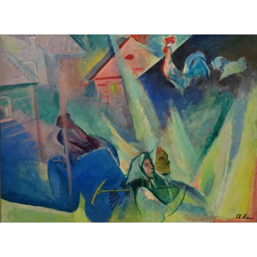 204 - Alexei Ivanovitch Komarov  (1919-1987), Russian School.  Oil on canvas, '' Cockerel '', Abstract agr... 