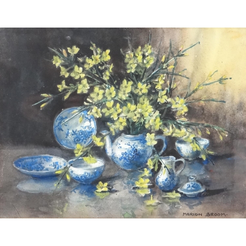 37 - Marion L Broom  ( 1878-1962) R.W.S. Watercolour, Blue and White tea set with yellow flower arrangeme... 