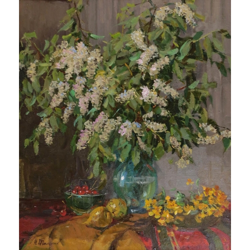 40 - Tolkunov Nikolai Pavlovich (1917-1996), Russian School. Oil on canvas, ''Spring flowers and cherries... 