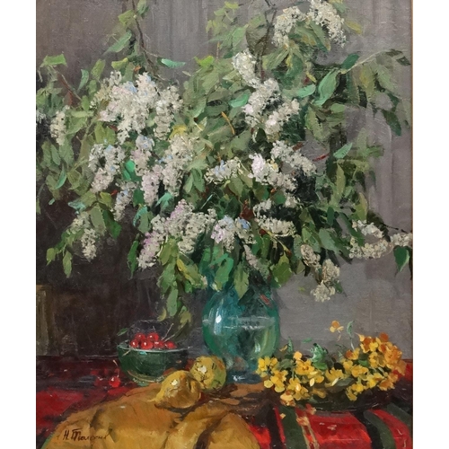 40 - Tolkunov Nikolai Pavlovich (1917-1996), Russian School. Oil on canvas, ''Spring flowers and cherries... 