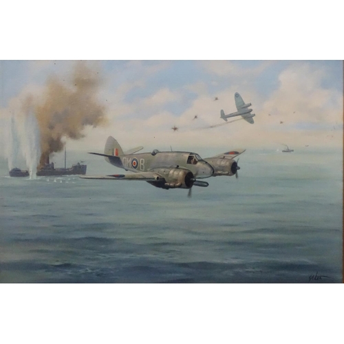 59 - Geoffrey E.Lea, mid-late XX Aviation Artist,
Oil on canvas,
WW2 Bristol Beaufighter 147's  attacking... 