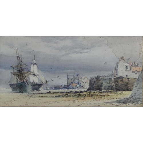 61 - John Callow, (1822 - 1878), Watercolour, 'Fishing boats on a shore near a coastal town', Signed and ... 