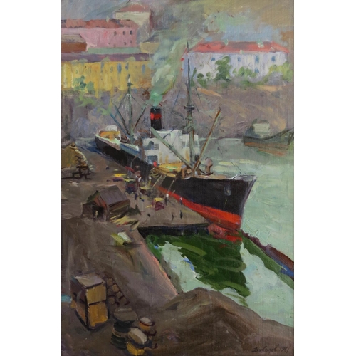 63 - Vitalii Timofeevich Davidov  (1923-2007), Russian School. Oil on canvas, ''At the docks'' dated 1961... 