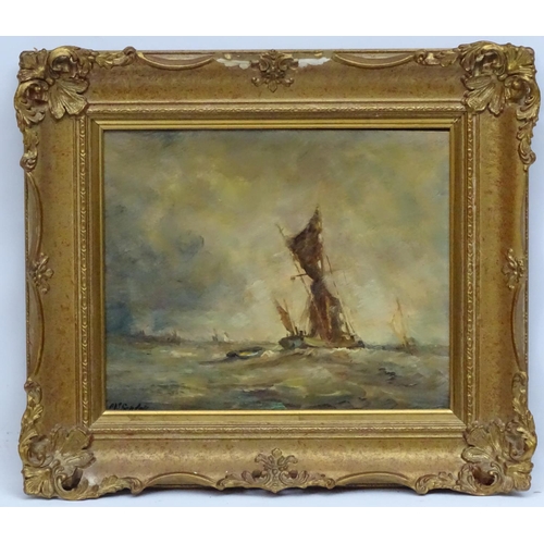 66 - M.J. Rendell XX Marine School, Oil on board, Fishing boats in rough sea, Signed lower left. 9 1/4 x ... 