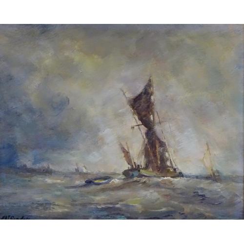 66 - M.J. Rendell XX Marine School, Oil on board, Fishing boats in rough sea, Signed lower left. 9 1/4 x ... 