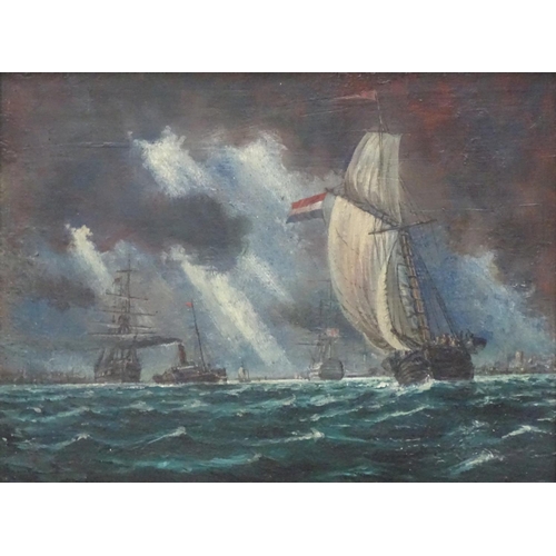 68 - Follower of Thomas Atkins Marine School, Oil on canvas, Seascape with shipping, 11 x 14 1/2''. Toget... 