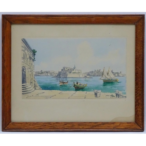 80 - Jos Galea Maltese School, Watercolours , a pair, Valetta Harbour, Malta , Signed lower right, Each 5... 