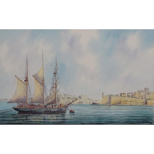 81 - AM Galea '78 Maltese Watercolour , large A moored sail ship before the walls of the Grand Harbour , ... 