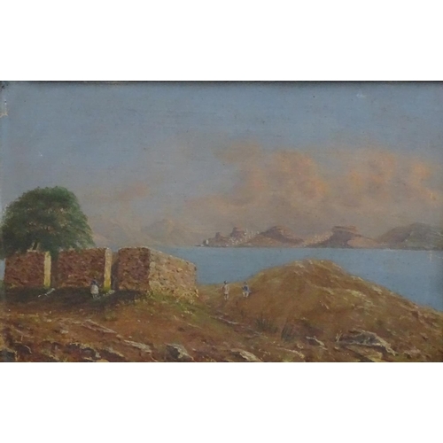 86 - Turkish School (early XX), Oil on board, Rural landscape with bay before mountainous range with thre... 