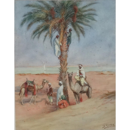 92 - Bruno Richter (1872 - 1946 ) German, Watercolour,  'Date gatherers by the Nile with their camels',  ... 