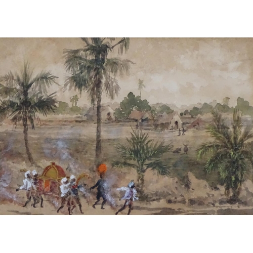 96 - Indian School early XX, 3 watercolours with Gouache highlights , Figures carrying a Sedan chair, com... 