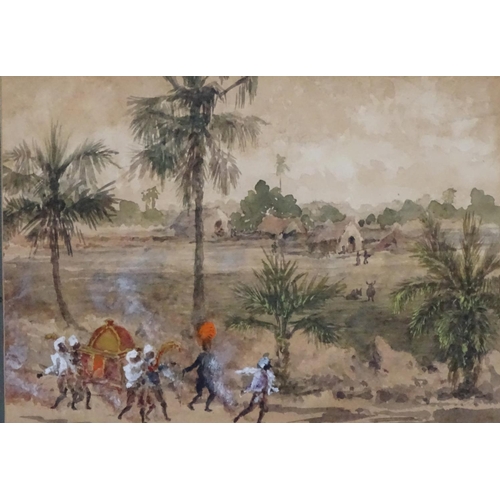 96 - Indian School early XX, 3 watercolours with Gouache highlights , Figures carrying a Sedan chair, com... 