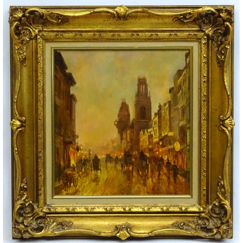 114 - M.J. Rendell XX ,French School, Oil on board, Street scene in early 1900's, horse carriages etc and ... 