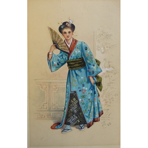 100 - FW & HS (18) 82 Japanese School, Gouache & Watercolour ,  Female figure (geisha?) wearing a colourfu... 