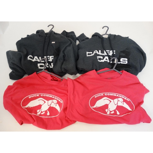 111 - Two Grey Calef Calls Duck shooting Hoodies (size XXL and M) together with two Fuchsia Duck Commander... 