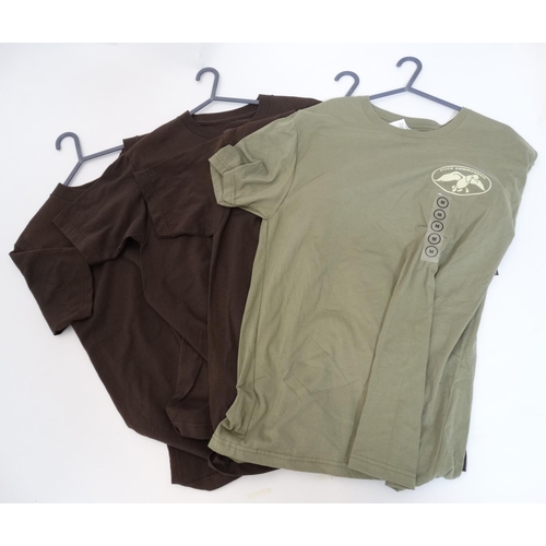 122 - Four Duck Commander t-shirts, three brown (size S), one olive (size M) with tags (4)