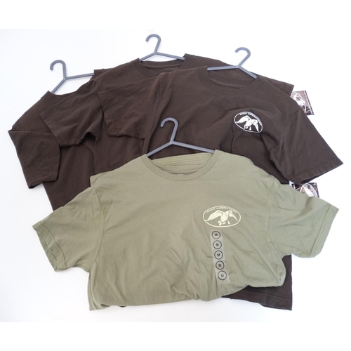 122 - Four Duck Commander t-shirts, three brown (size S), one olive (size M) with tags (4)