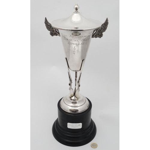 129 - Gibraltar / Military interest : A silver plate trophy cup formed as a lidded urn supported on a trif... 