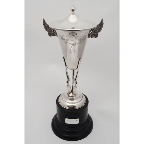 129 - Gibraltar / Military interest : A silver plate trophy cup formed as a lidded urn supported on a trif... 