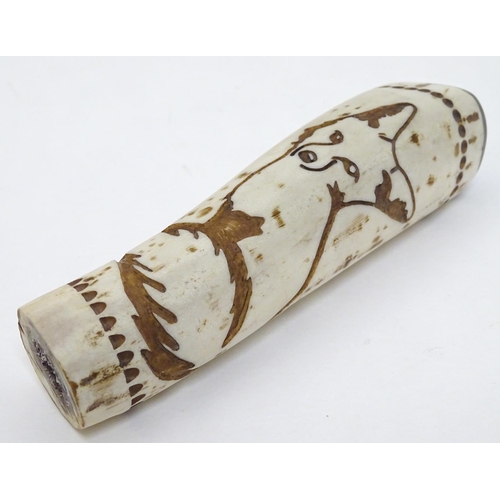 136 - A Vankovs (XX-) Antler Art An antler walking stick / cane handle with carved fox decoration.  Approx... 